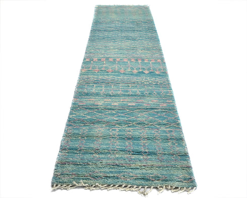 10 Feet Moroccan Blue Hand Woven Wool Runner Rug